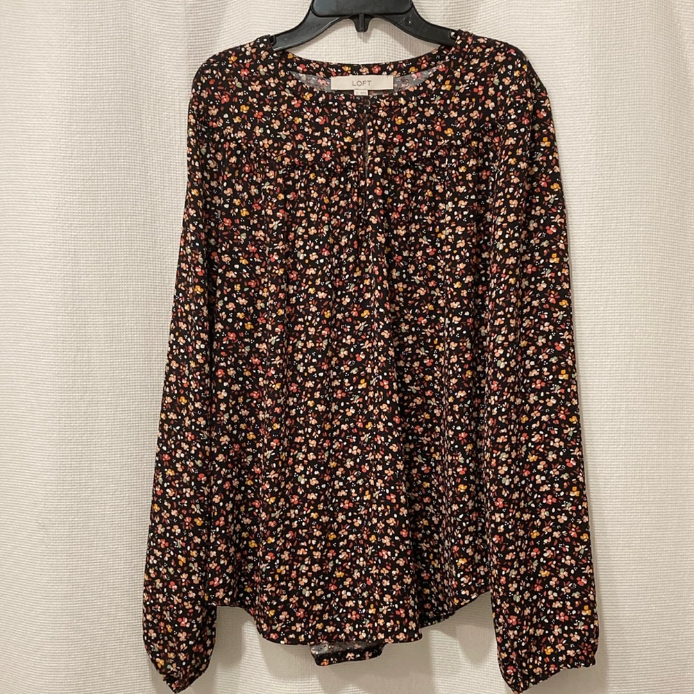 LOFT black floral mixed media long sleeve blouse